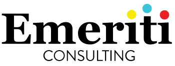 Emeriti Consulting Logo Emeriti Consulting logo featuring the word 'Emeriti' in bold black letters with colourful dots above the letters 'i' in yellow, blue, and red, and the word 'Consulting' in a smaller, thinner black font below.